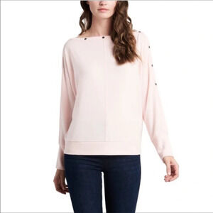 Vince Camuto Snap Dolman Sleeve Trim Pink Boatneck Sweater Pullover Top Blouse